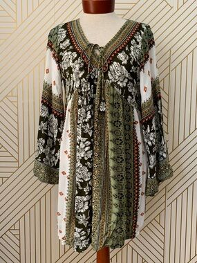 Etc. Y2K Boho Floral Babydoll Dress  striped Cottagecore bell sleeves rustic L